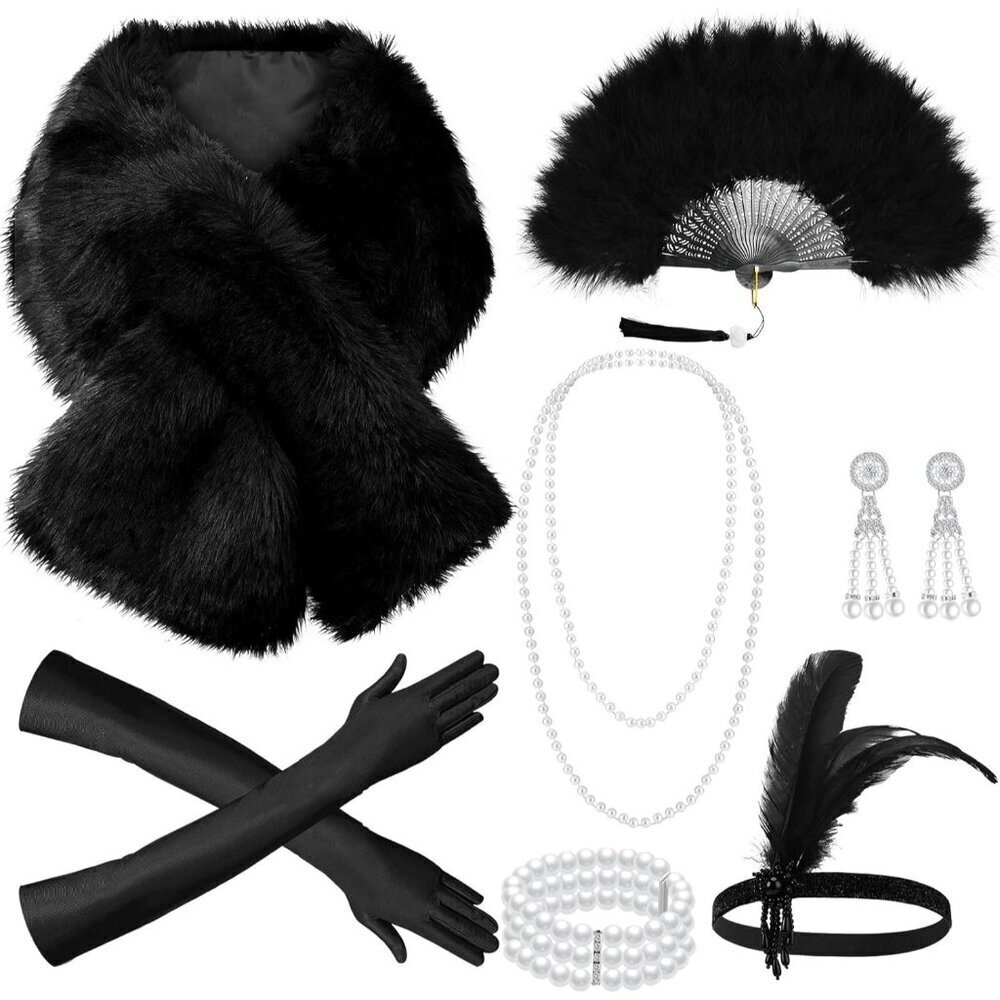 1920s Flapper Costume Accessories Set Pearl Necklace Feather Fan Gloves